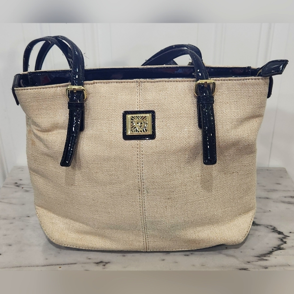 Anne Klein shimmery cream shoulder bag patent black straps